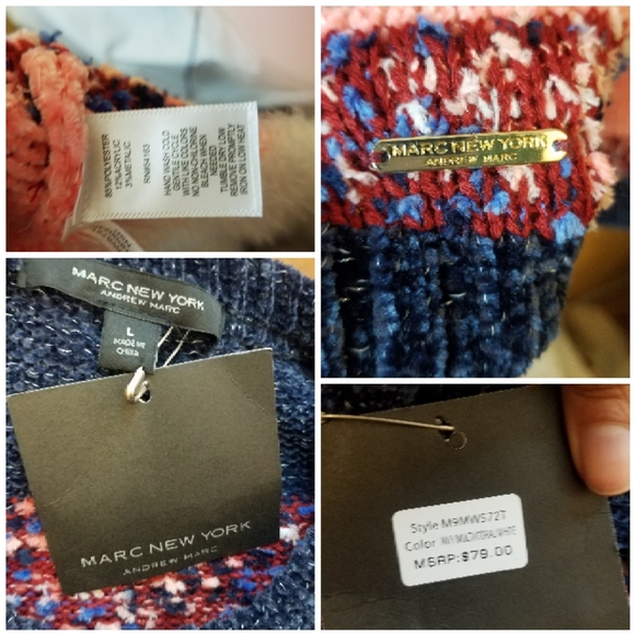 NWT Marc NY- coral, white and navy striped comfy fuzzy sweater- large WN - Picture 5 of 8